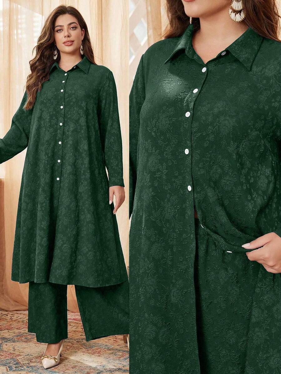 Al Najma Set casual de 2 piezas con botones de contraste y textura jacquard en talla grande - Verde - Ver 1
