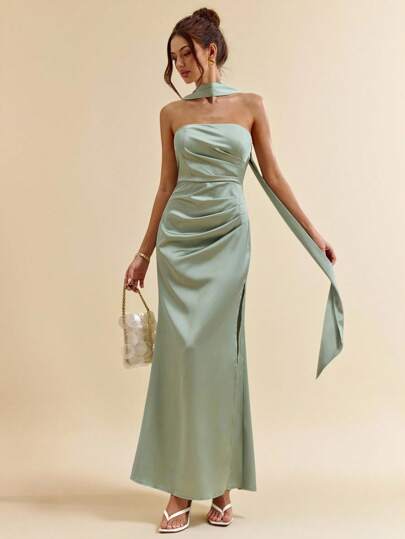 SHEIN BAE Green Sexy Halter Ribbon Backless High Slit Elegant Satin Mermaid Dress, Bridesmaid Dress, Satin Dress, Sexy Dress, Wedding Guest Attire, Spring/Summer,Wedding Guest Dress,Fall Wedding Guest Dress