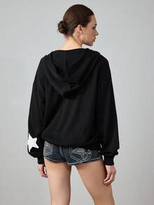 ROMWE Avant Y2K 街头服饰休闲美国国旗贴片印花连帽宽松运动衫女士运动衫 - 黑色 - 查看 5