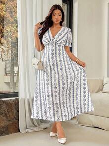 Vionelle Plus Size Women's Elegant Puff Sleeve V-Neck Vintage Print Cinched Waist Midi Dress, Spring/Summer/Autumn - Blue and White - View 5