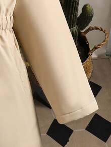 SHEIN Fashionable Mid-Length Hooded Cinched Waist Thermal Lined Padded Coat For Tween Girls Loose Fit, Comfortable For Daily Wear, Commuting, Outings And Photo Shoots Fall Winter - Khaki - View 4