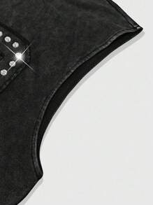 ROMWE MEN Prep Conjunto de top sin mangas y pantalones cortos casuales de verano para hombres con decoración de rhinestones - Negro - Ver 5