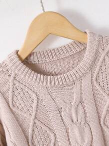 SHEIN Girls' Cable Knit Pullover Sweater,Pink Retro Round Neck Twist Stitch Sweaters For Autumn,Soft Fashionable Back-To-School,Holiday,School Traveling - Khaki - View 4