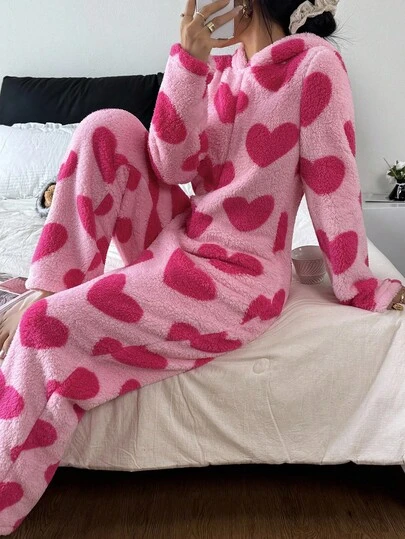 Eraneu Heart Print Hooded Long Sleeve Plush Fluffy Pajama Jumpsuit, Fall Winter, Cozy