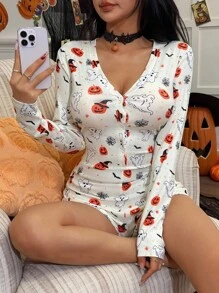 SHEIN Women's Knitted V-Neck Button Halloween Ghost & Pumpkin Pattern Pajamas Romper, Fall  Cozy And Elegant Details Halloween Pajamas Women Women Halloween Romper Ghost Print Pajamas Pajama Romper For Women Halloween Pajama Romper - Multicolor - View 4