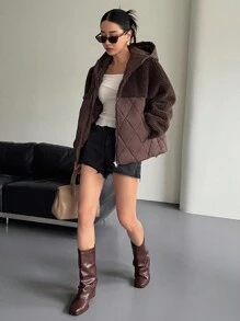 DAZY Women's Autumn/Winter Patchwork Houndstooth Short Lamb Wool Padded Coat Jacket - Brown - View 2