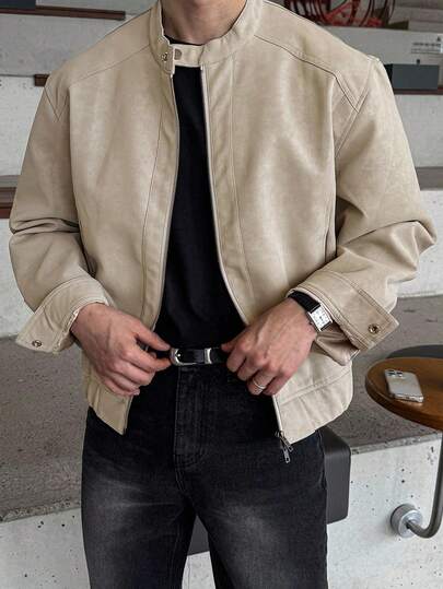 DAZY 男士纯色麂皮绒面料领口可调节纽扣设计灰色夹克外套，秋季皮夹克