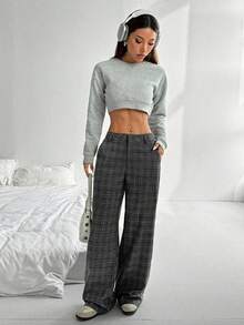 SHEIN PETITE Women's Low-Waist Plaid Casual Pants, Vintage Style For Daily Commute And Leisure - Dark Grey - View 4