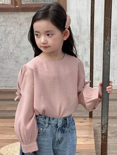 DAZY 女童纯色蝴蝶结韩版清新甜美长袖衬衫