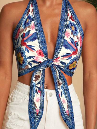 Travachic Boho Sleeveless Halter Crop Top With Knot Details And Vibrant All Over Print Fall Women Winter For Women, Halter Tie Front Top, Floral Print Top ,Casual Woman Style, Fall For Women, Chic Autumn, Going Out, Elegant