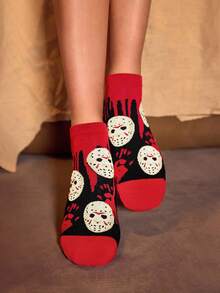 WB Horror X SHEIN 2 Pairs Men&Women Soft&Breathable Moisture-Wicking Casual Ankle Socks With Pattern Fashionable And Cute Black&Red Short Socks Reinforced Toe & Heel For Durabiliy Unisex For Men & Women All Season All-Match Summer Winter - Multicolor - View 6