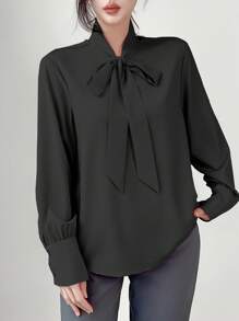 Uhlyne 纯色优雅长袖纽扣衬衫，长袖上衣 - 黑色 - 查看 4