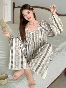 DAZY Women's Casual Printed Top & Pants Pajama Set, Fall Clothes - White - View 4