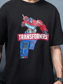 Transformers X SHEIN تي شيرت رجالي أسود بياقة مستديرة وأكمام قصيرة بطبعة روبوت - الأسود - مشاهدة 3