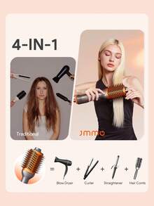 JMMO 一步式丰盈热风梳，热风梳，吹风造型梳，轻松打造沙龙级造型，四合一吹风造型器，可吹干、拉直、卷发、打造蓬松造型，内置护发成分，令秀发亮泽柔顺，快速吹干，三档温度可调，不拉扯、不打结、不缠绕，适用于各种长度和质地的卷发造型，适合时尚女性化妆、派对、海滩、旅行、露营等户外活动。