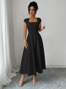 Elenzga 女士优雅纯色方领腰带拼接 A 字短袖中长连衣裙，适合春夏季通勤、海滩、度假、音乐节、啤酒节 - 黑色 - 查看 4