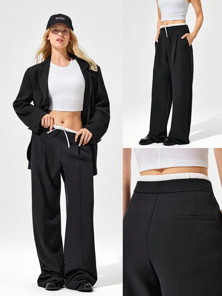 Wrinkle-Resistant Breathable Wide Leg Double-Layer Waist Adjustable Drawstring Waist Pressed Crease Work Pants Trousers With Side Zipper Closure Pockets Daily Casual Work Office Wear  Spring Summer