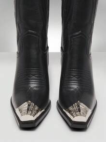 Solezae 魅力西部牛仔靴，黑色尖头粗跟中筒靴，假日夏季时尚鞋款，适合圣诞节和情人节 - 黑色 - 查看 5