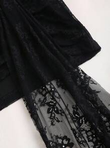 Sweetra Women's Elegant Sexy Lace Patchwork Asymmetrical Ruffle Hem Metal Decor Button Pleated Bodycon Mini Skirt - Black - View 5