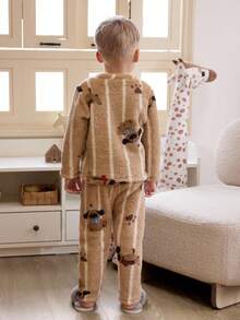 Young Boys Cute Cartoon Puppy Striped Fleece Print Long Sleeve Round Neck Pajama Sets Bear Pajamas Toddler Boy - Mocha Brown - View 2