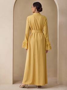 Graceveil Autumn Woven Embroidered Patchwork Elegant Teacher's Dress, Long Dress For Back To School, Yellow Autumn Long Sleeve Maxi Dress Fall Cloth For Women - Yellow - View 6