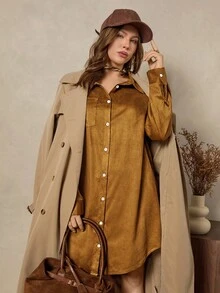 Zelara 大码女装秋冬白色外出口袋连衣裙纯棉衬衫领万圣节冬季仙女裙古着风格女装秋冬装女装服装外出服女长袖秋冬连衣裙 - 棕色 - 查看 7