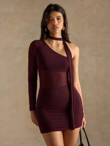 SHEIN BAE 女式纯色不对称肩部时尚连衣裙 - 棕色 - 查看 1