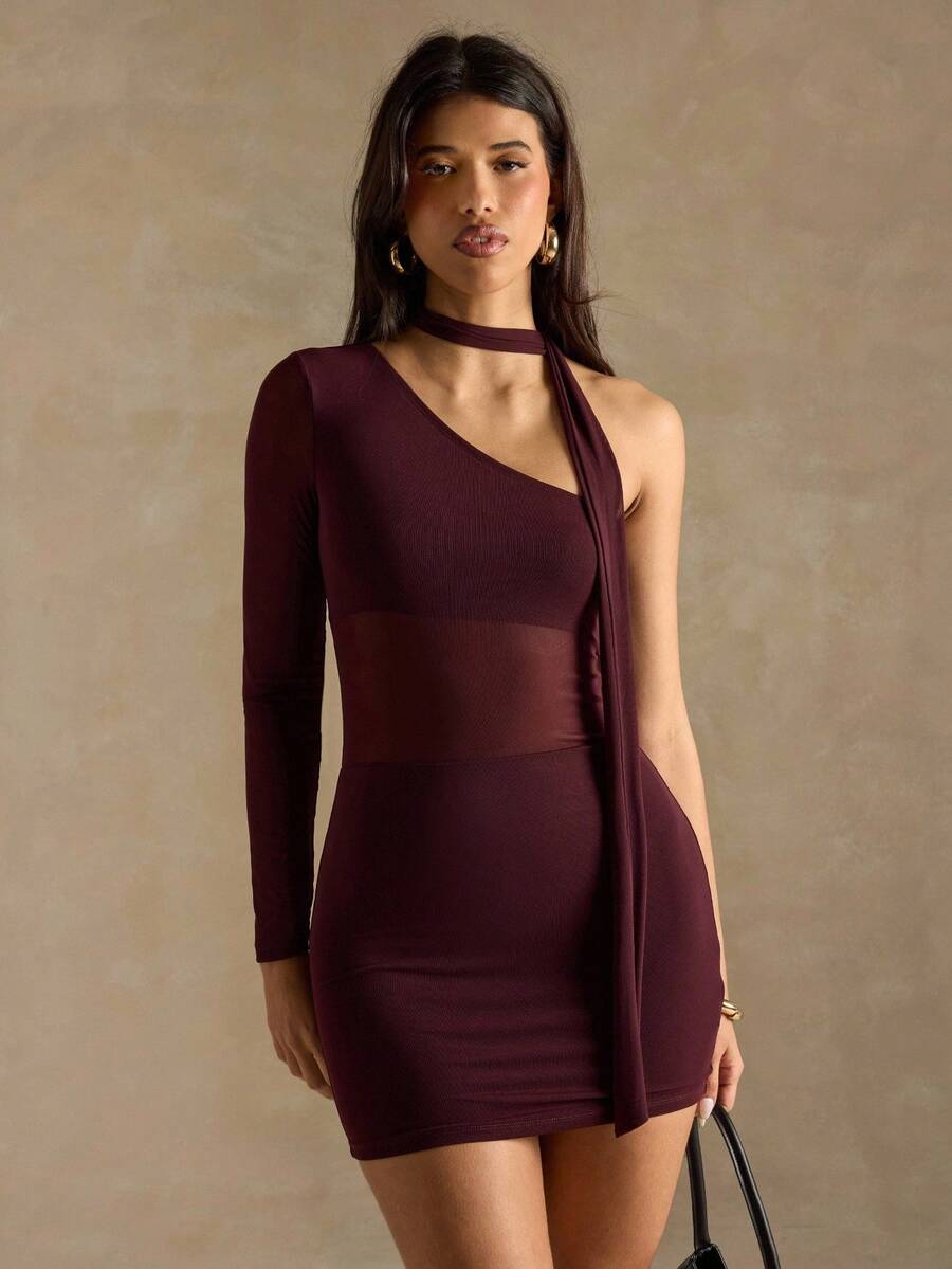 SHEIN BAE 女式纯色不对称肩部时尚连衣裙 - 棕色 - 查看 1