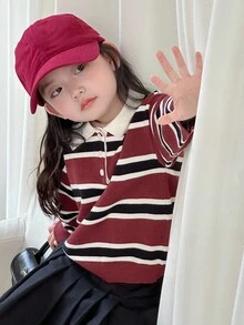 DAZY Young Girl Regular Turndown Collar Striped Korean Style Long Sleeve School Sweater Fall, Winter - Red - View 9