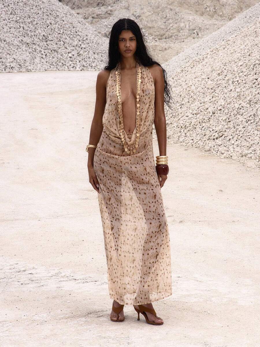 Musera Resort 极致深V领露背豹纹雪纺罩衫长裙，优雅迷人，适合夜晚外出、度假、生日等场合，尽显秋日春夏风情。 - 彩色 - 查看 1