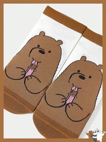 We Bare Bears X SHEIN 1 Đôi tất cổ ngắn họa tiết hoạt hình dễ thương phối màu thoải mái dành cho nữ - màu nâu - Xem 2