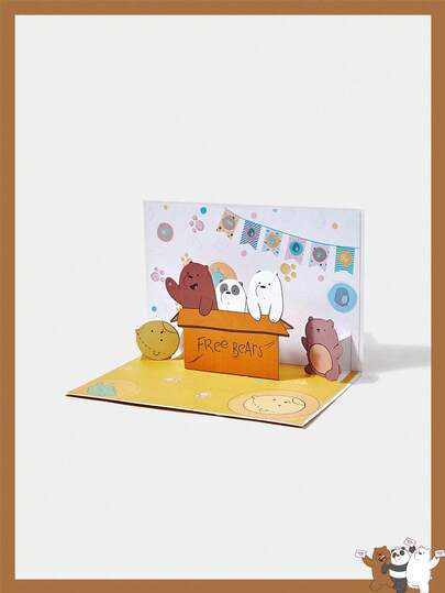We Bare Bears X SHEIN Cute Cartoon Bear Pattern Yellow Paper 90 Degree 3D Greeting Card
