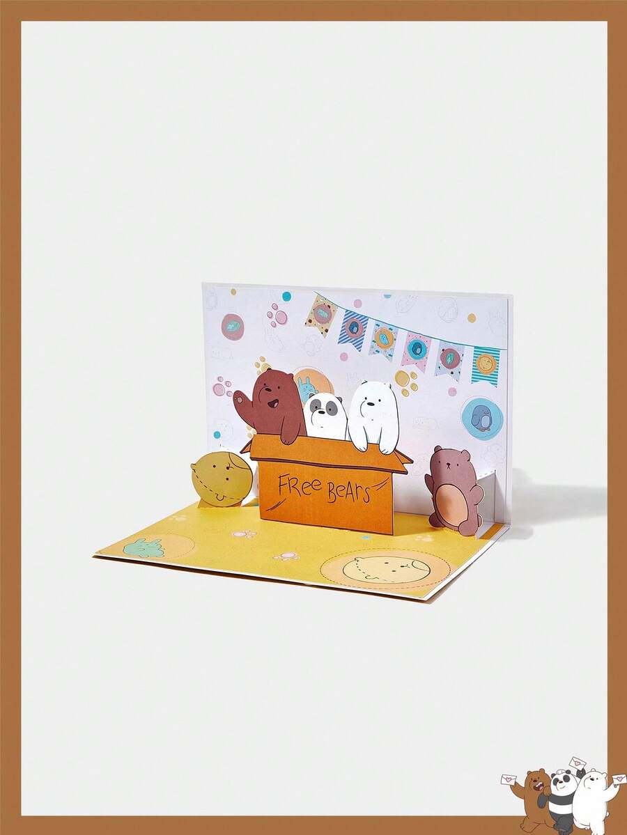 We Bare Bears X SHEIN Thiệp chúc mừng 3D họa tiết gấu hoạt hình dễ thương bằng giấy vàng 90 độ - Nhiều màu - Xem 1
