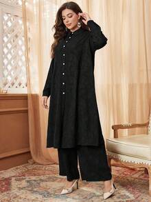 Al Najma 2pcs Textured Jacquard Contrast Button Plus Size Casual Set 2 Pieces Set - Black - View 7