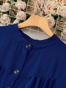 EMERY ROSE Plus Size Solid Color Front Buttoned Long Sleeve Dress, For Christmas Maxi Women Outfit Fall Cloth For Women - Blue - View 5