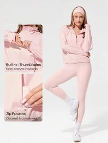 GLOWMODE 吸汗速干立领运动长袖夹克，带隐藏口袋和拇指孔，日常休闲 - 淺粉色 - 查看 4