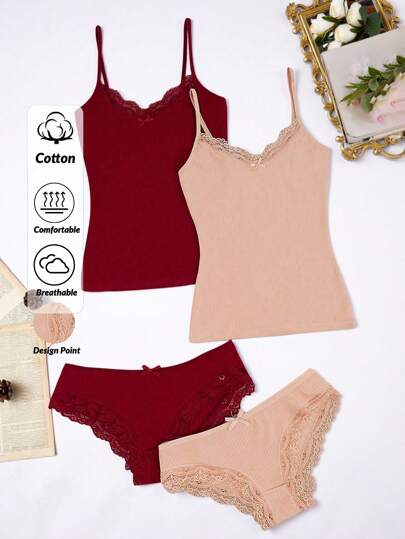 RueChic Women 2SETS Sexy Seamless Ribbed Lace Detail Sleevless Top And Panty Sets Women Plus Clothing Lingerie Set Women S Pajama Women Pj Set Short Women Night Gown Underwear Sets For Women