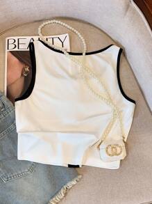 GlowEve 女士时尚简约拼色装饰纽扣吊带背心，适合夏季 - 黑與白 - 查看 2