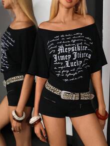 Jeanoix Camiseta de manga corta con cuello asimétrico casual para mujer, de verano - Negro - Ver 5