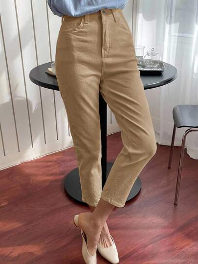 DAZY Women's Solid Color Casual Belted Waist Denim Pants, Versatile For Summer Women Jeans