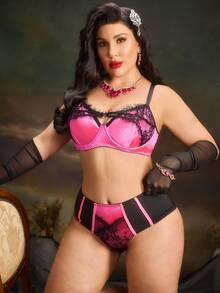 PinupPomp Plus Size Lace Patchwork Underwire Bra & Panty Set Vintage