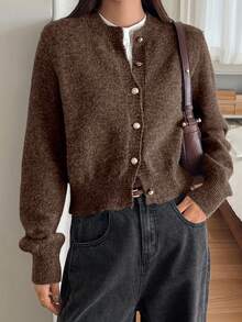 DAZY Women's Loose Casual Metal Buckle Decor Solid Color Knitted Cardigan, Autumn/Winter - Brown - View 6