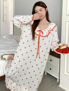 DAZY Cute Strawberry Print Ruffle Trim Long Women Nightgown, Fall Pajama - Red - View 6