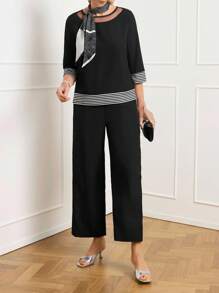 Miaspire 2pcs/Set Women Striped Round Neck 3/4 Sleeve Casual Top And Pants Setsummer Outfits,Vacation Outfits Women,Going Out Outfits - Multicolor - View 5