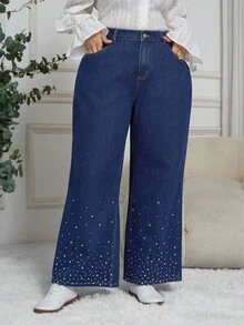 SHEIN CURVE+ Plus Size Fashion Commuter Rhinestone Embellished Straight Leg Jeans - Medium Wash - View 3