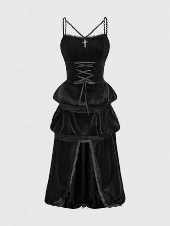 Robe moulante en velours avec décoration de croix gothique pour Halloween