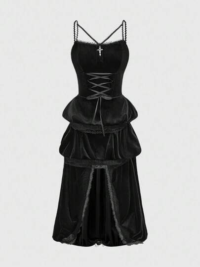 Gothic Cross Decor Velvet Bodycon Dress For Halloween