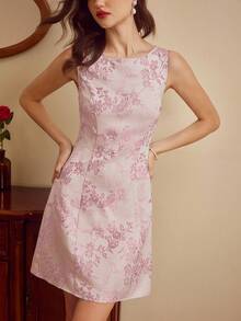 Vintamour 复古优雅女士短款连衣裙，春夏修身提花连衣裙，蓝色无袖直筒连衣裙 - 淺粉色 - 查看 1