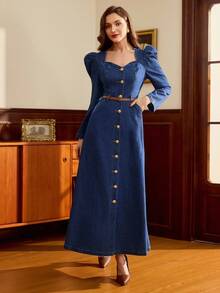 Vintamour Women's Fashion Casual Leg-Of-Mutton Sleeve Heart Collar Denim Dress Long Sleeve Denim Dress Denim Maxi Dress Blue Jean Dress Button Down Denim Dress Denim Dress With Puff Sleeves Puff Sleeve Denim Dress Denim Dress With Buttons Blue Jean Dresses For Women - Dark Wash - View 6