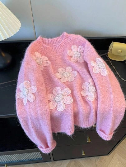 Franclia 休闲宽松圆领长袖针织串珠3D花卉装饰粉色女式套头衫，春秋